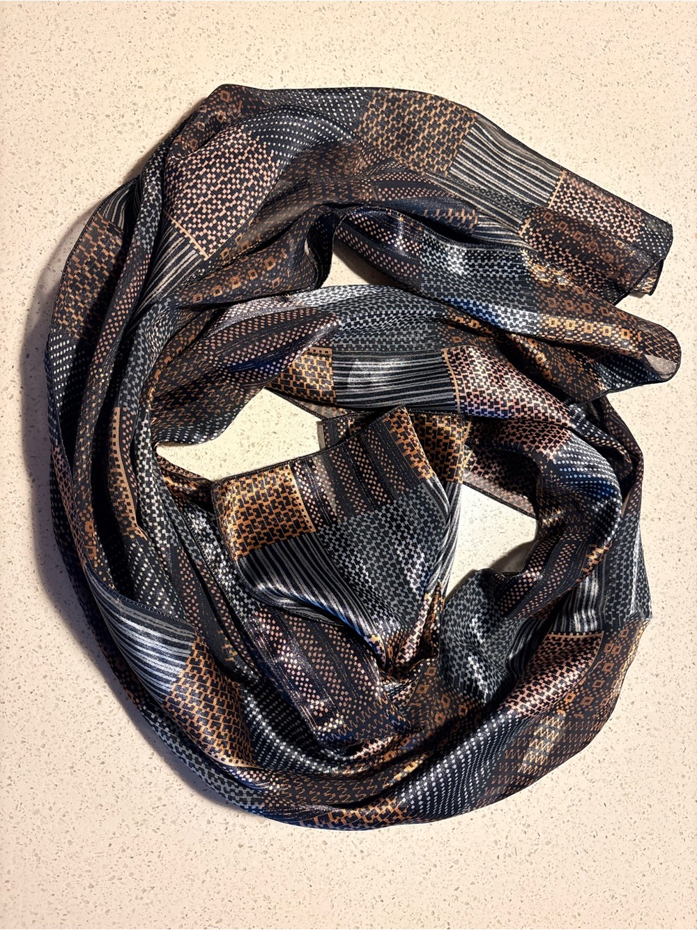 Vintage Mademoiselle Silk-Like Geometric Patchwork Scarf Made in USA